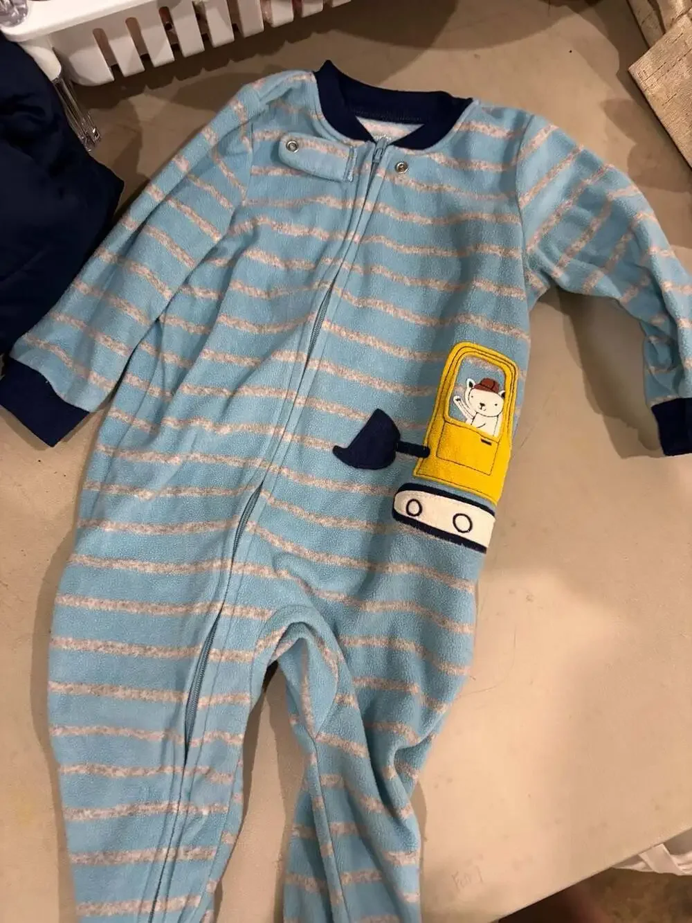 Carter's Baby Boy Blue Striped Fleece Footed Sleeper with Bulldozer Applique, 12